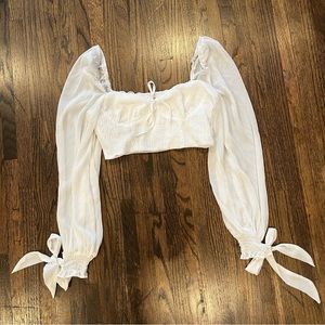 White bustier square neck long sleeve smocked cropped top